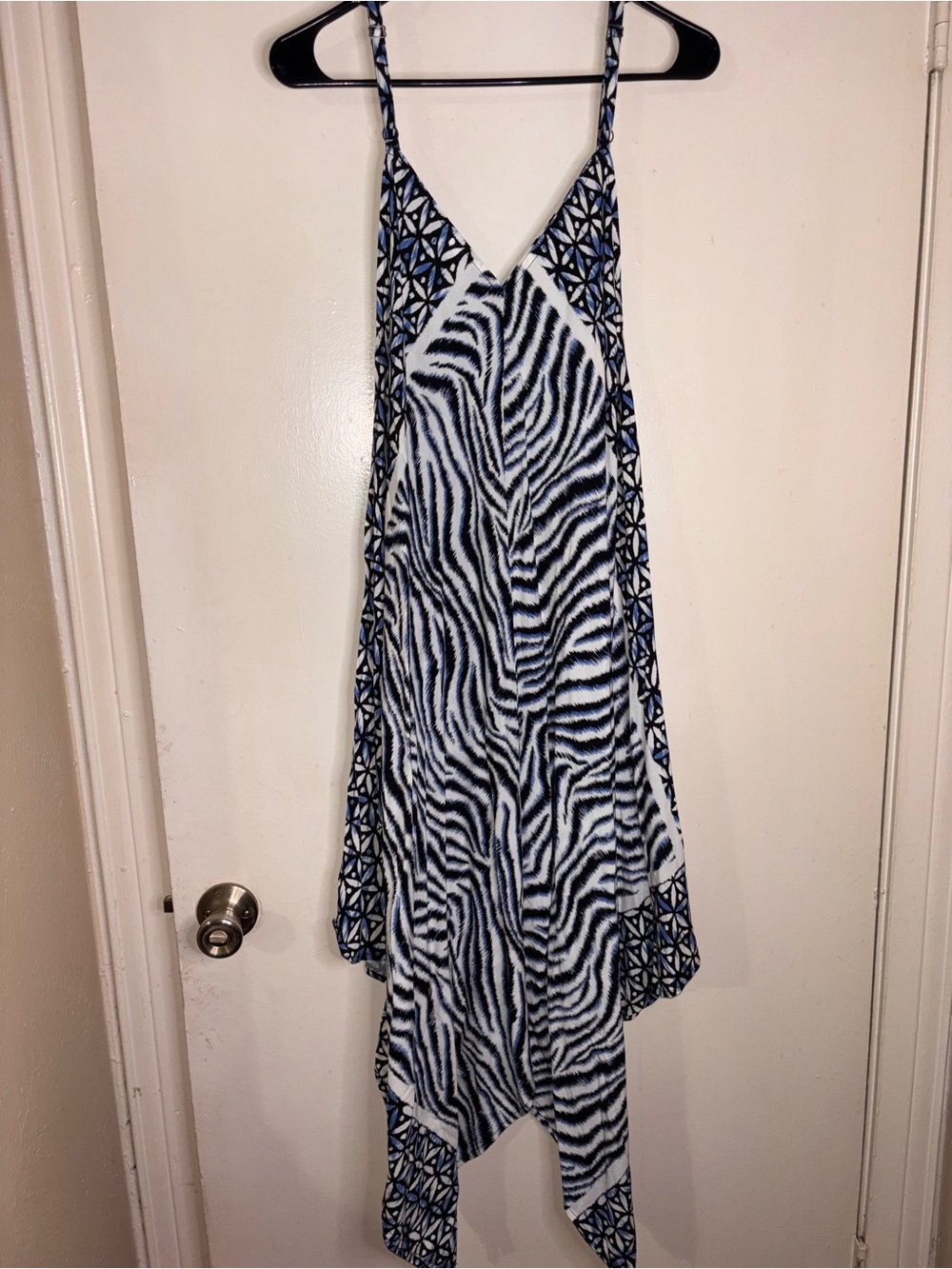 Tommy Bahama Blue and White Asymmetrical Zebra-Print Handkerchief Dress